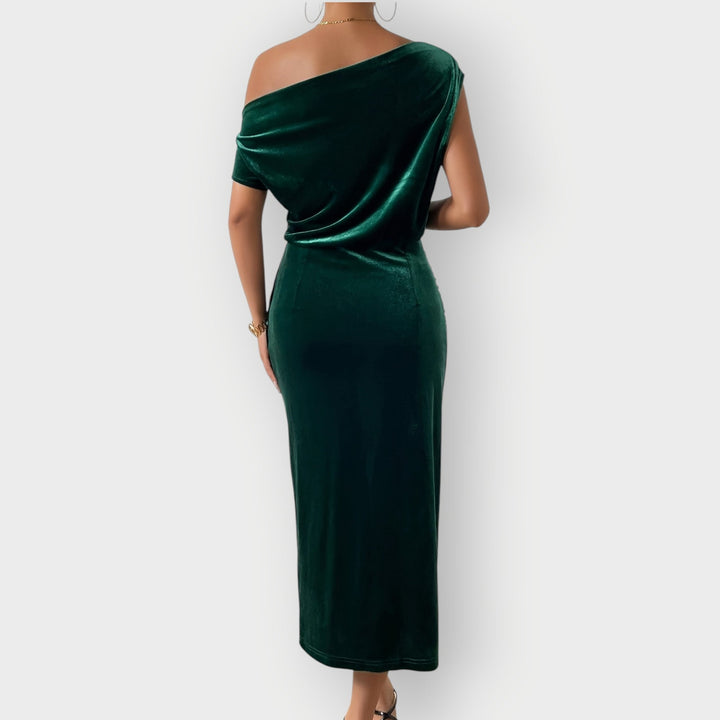 Saeviah | Off Shoulder Draped Velvet Midi Dress
