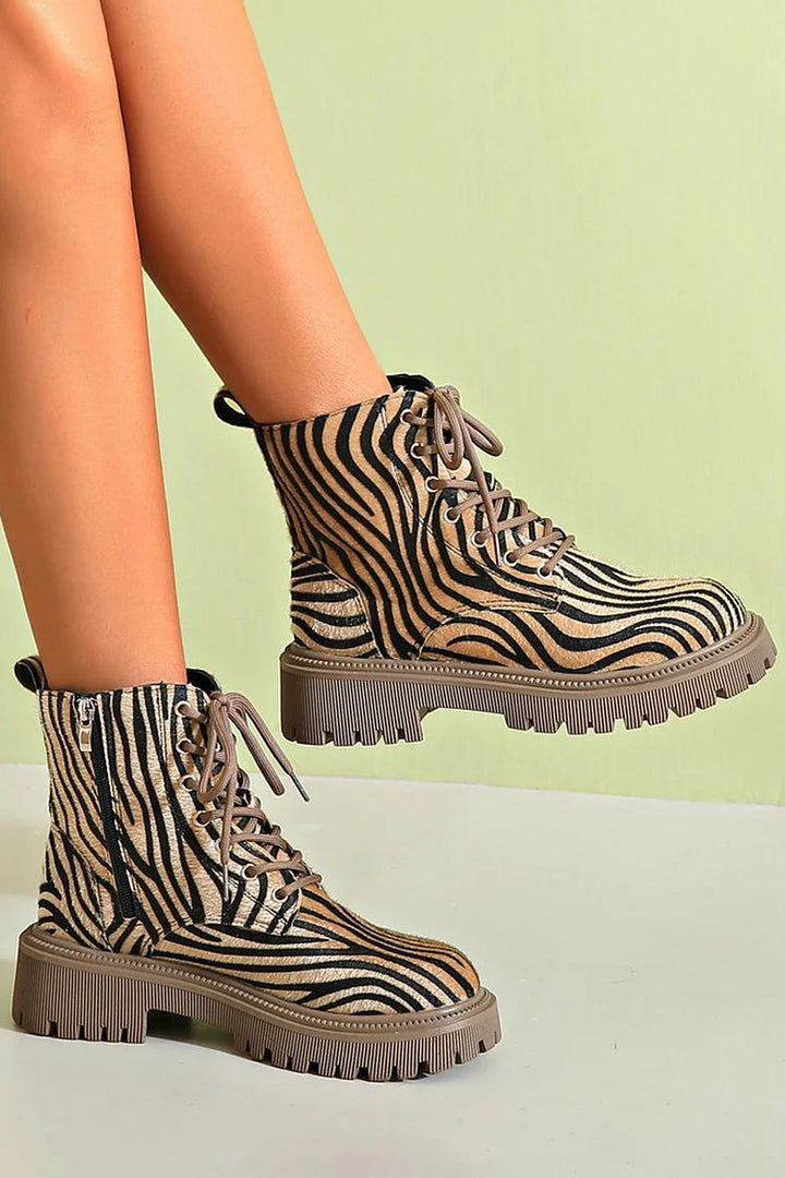 Saevria | Zebra Print Lace-Up Boots