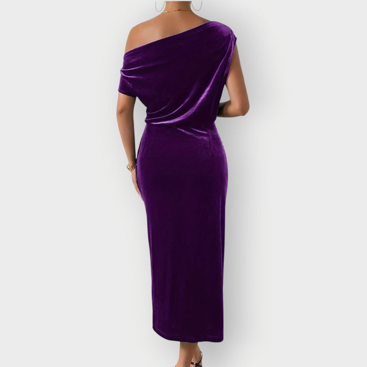 Saeviah | Off Shoulder Draped Velvet Midi Dress