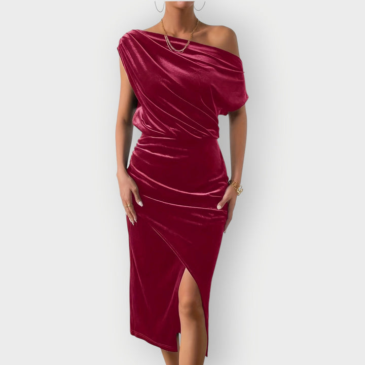Saeviah | Off Shoulder Draped Velvet Midi Dress