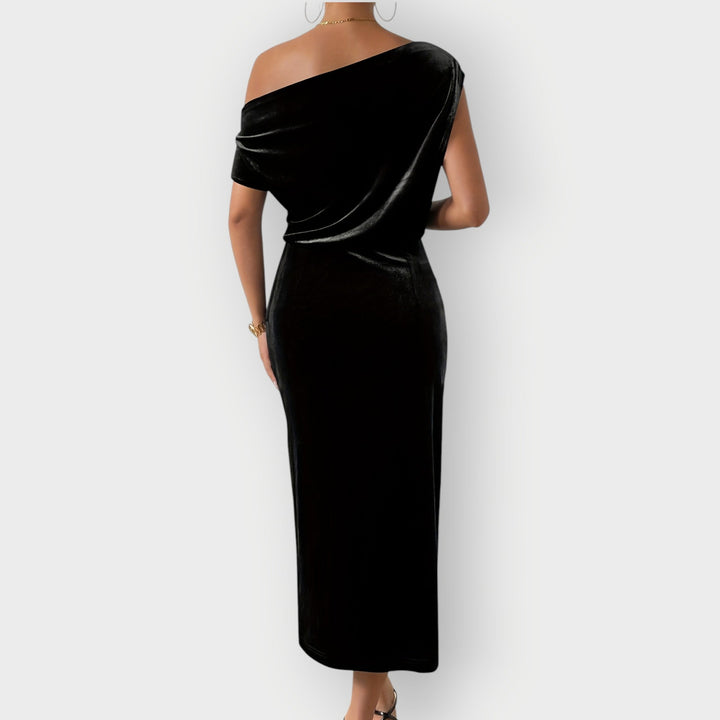 Saeviah | Off Shoulder Draped Velvet Midi Dress